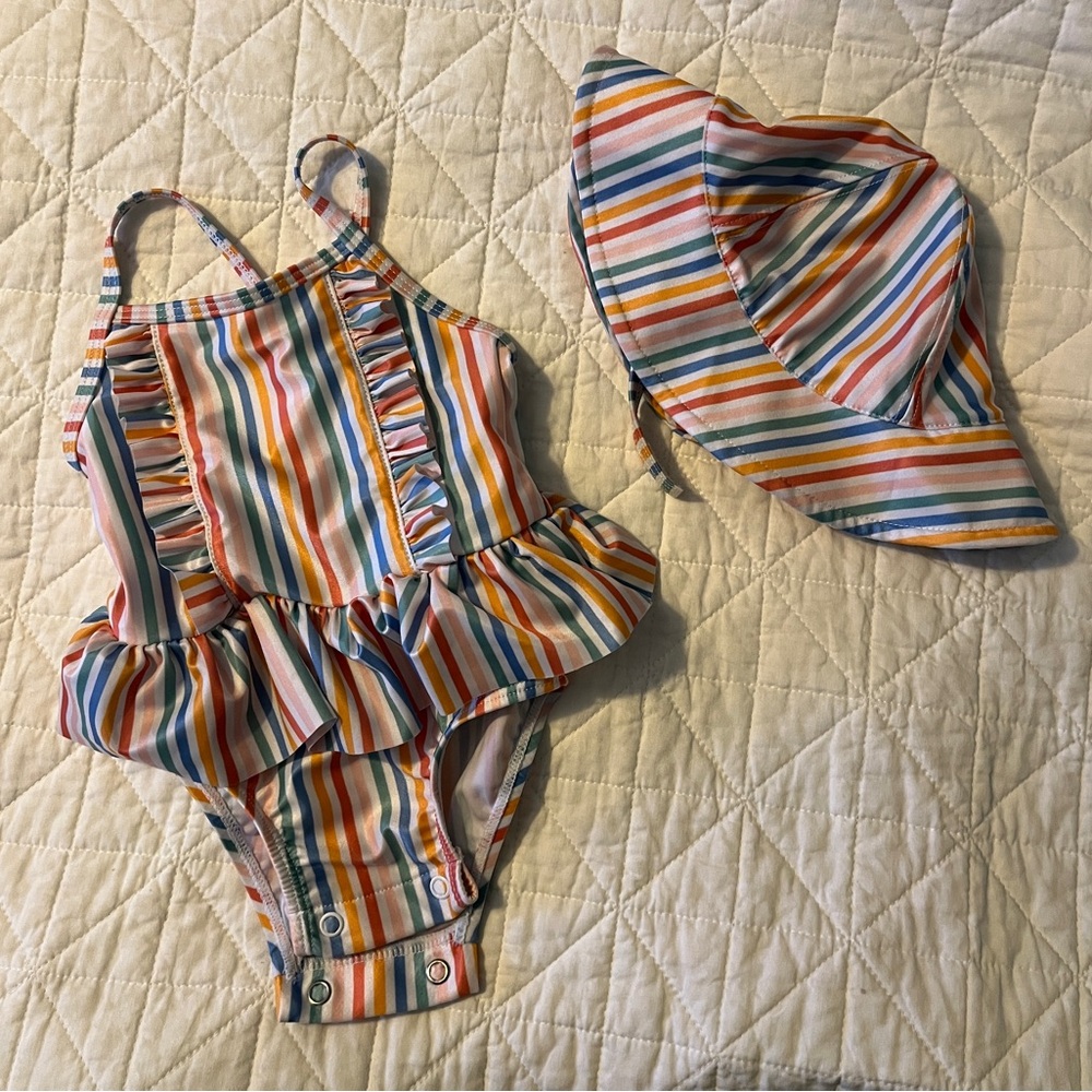 Colorful Striped Baby Bathing Suit and Hat Set